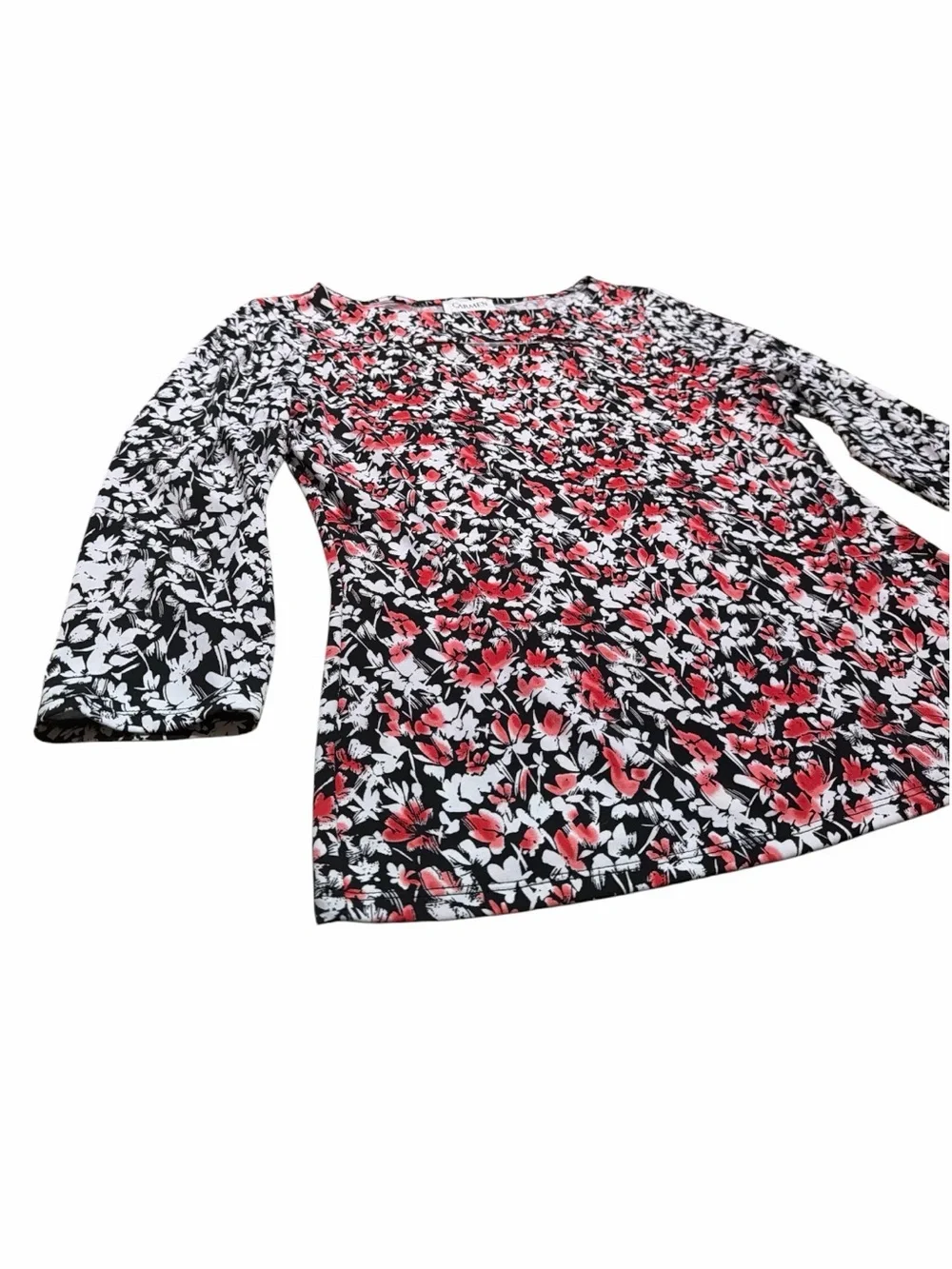Carmen Marc Valvo Floral Stretch Top Medium 3/4 Sleeve Keyhole Neck - Picture 3 of 5